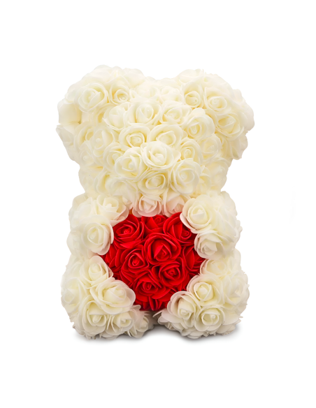 Oso de Rosas Artificiales H25cm con Envase Transparente, Idea de Regalo
