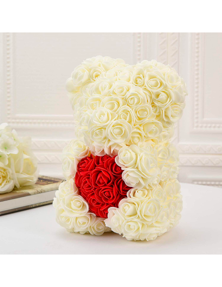 Oso de Rosas Artificiales H25cm con Envase Transparente, Idea de Regalo