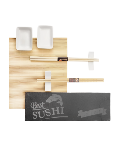 Set Sushi 2 Prs Kit de 10 pz Estera de Bambú Plato de Pizarra Palillos y Cuencos