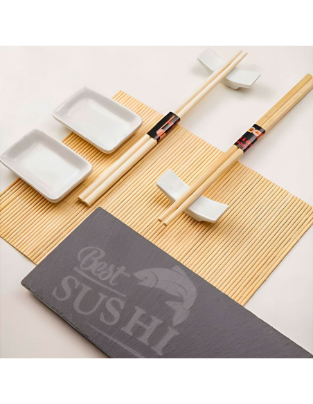 Set Sushi 2 Prs Kit de 10 pz Estera de Bambú Plato de Pizarra Palillos y Cuencos