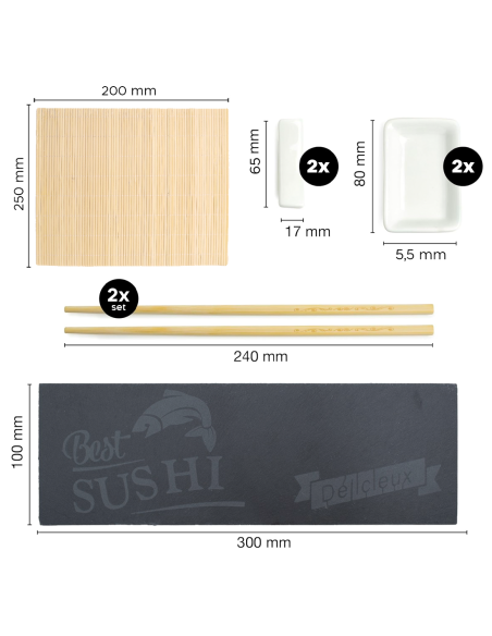 Set Sushi 2 Prs Kit de 10 pz Estera de Bambú Plato de Pizarra Palillos y Cuencos