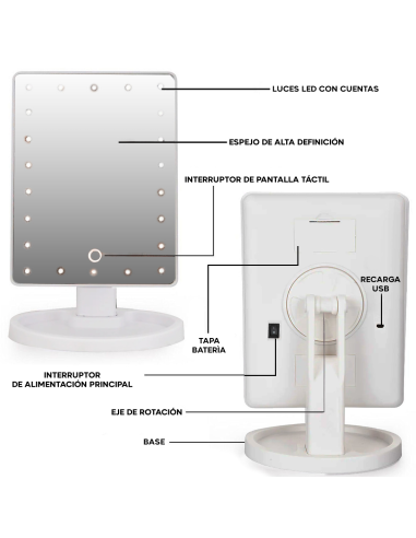 Espejo Cosmético LED Recargable, Portátil de...