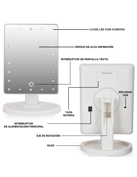 Espejo Cosmético LED Recargable, Portátil de Mesa, Giratorio e Inclinable