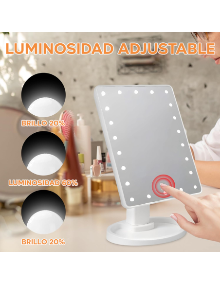 Espejo Cosmético LED Recargable, Portátil de Mesa, Giratorio e Inclinable