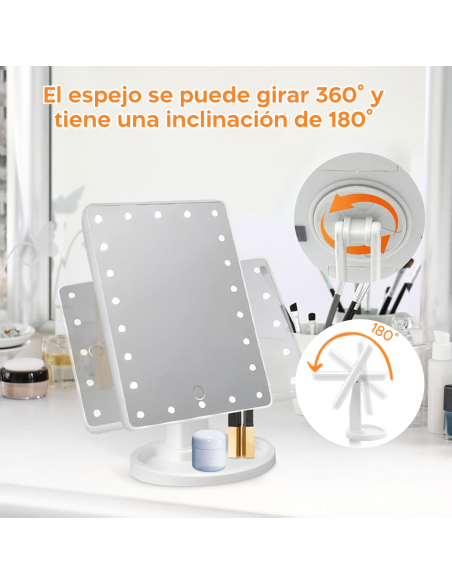 Espejo Cosmético LED Recargable, Portátil de Mesa, Giratorio e Inclinable