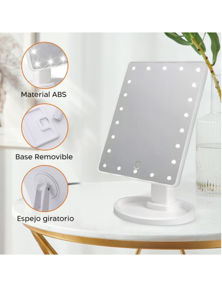 Espejo Cosmético LED Recargable, Portátil de Mesa, Giratorio e Inclinable