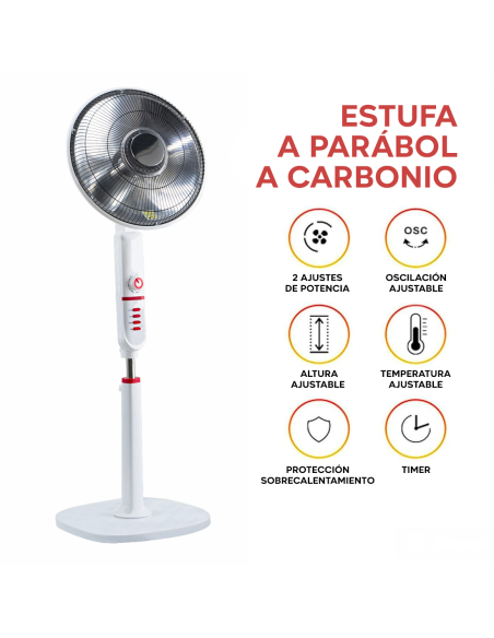 Estufa Eléctrica Parábola 49cm Fibra de Carbono Pie 450W y 900W Oscilante