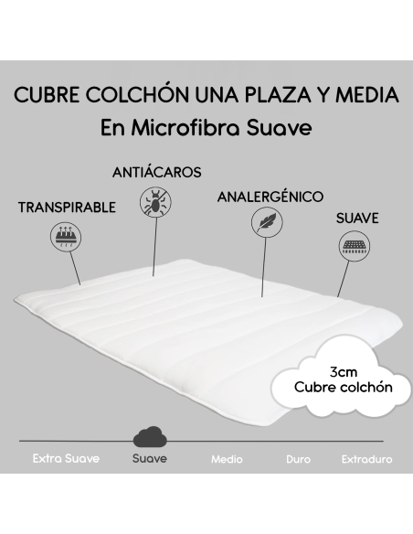 Cubre colchón cama 1 Plaza y Media 3 cm 130x200 Microfibra con Elásticos