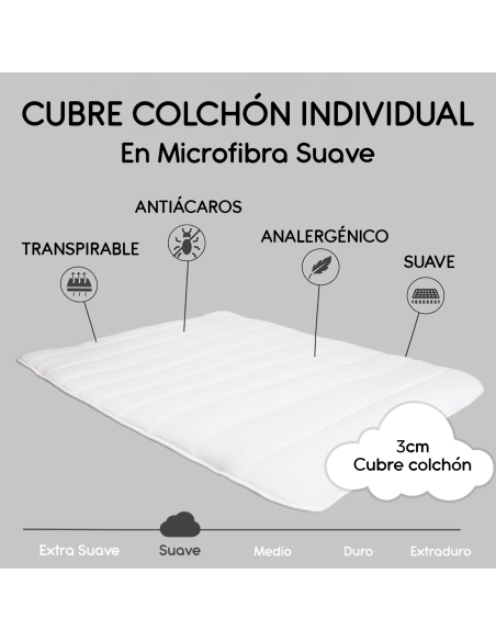Cubre Colchón Individual 3 cm 90x200 en Microfibra con Elásticos en las esquinas