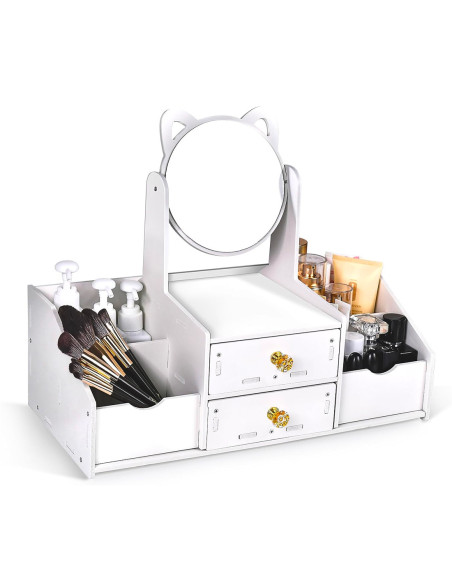 Mini tocador de mesa Porta Maquillaje Joyero Organizador Blanco Espejo Cajones