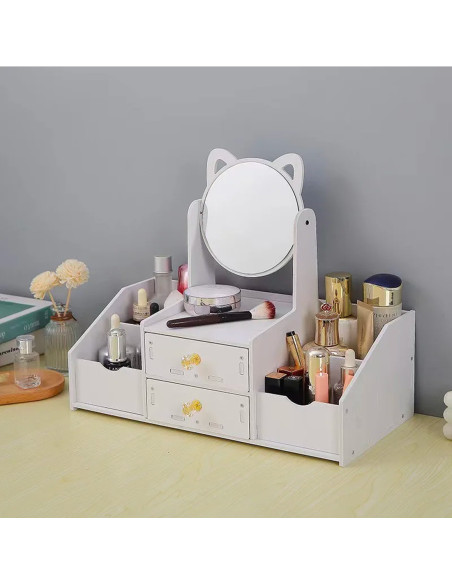 Mini tocador de mesa Porta Maquillaje Joyero Organizador Blanco Espejo Cajones