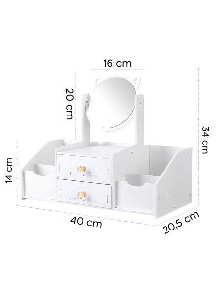 Mini tocador de mesa Porta Maquillaje Joyero Organizador Blanco Espejo Cajones