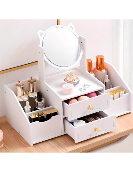Mini tocador de mesa Porta Maquillaje Joyero Organizador Blanco Espejo Cajones