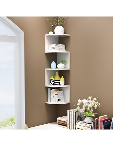 Estantería Esquinera de Pared Blanca Móvil Librería 5 Estantes Ahorro de Espacio