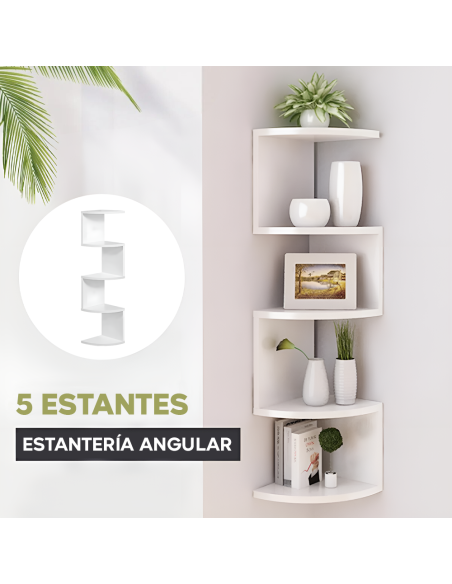 Estantería Esquinera de Pared Blanca Móvil Librería 5 Estantes Ahorro de Espacio