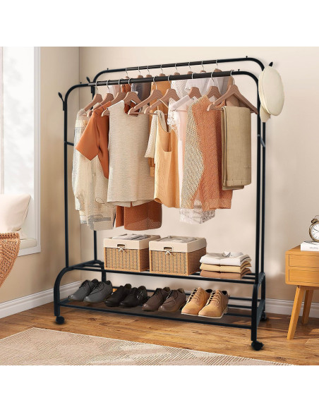 Perchero de doble Barra con Estantes y Ganchos para Bolsos y accesorios