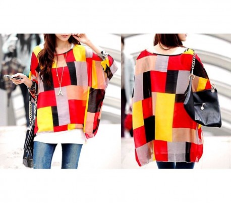 Blusa de talle ancho hecho de gasa y con estampado de rayas multicolor 002 - Moda femenina para la mujer