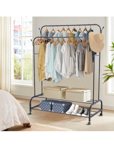 Perchero de doble Barra con Estantes y Ganchos...