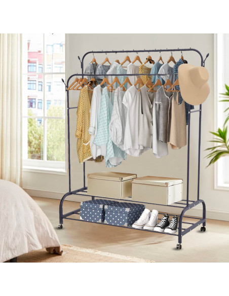 Perchero de doble Barra con Estantes y Ganchos para Bolsos y accesorios