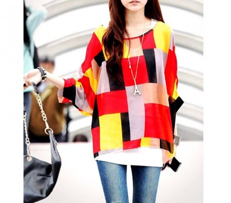 Blusa de talle ancho hecho de gasa y con estampado de rayas multicolor 002 - Moda femenina para la mujer