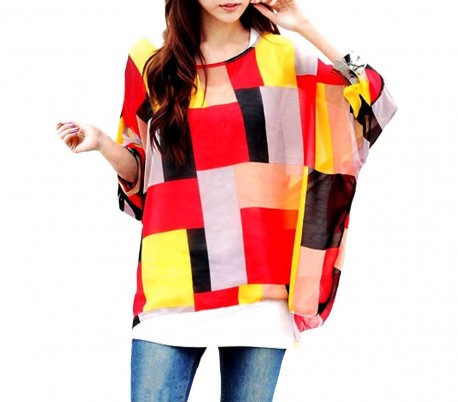 Blusa de talle ancho hecho de gasa y con estampado de rayas multicolor 002 - Moda femenina para la mujer