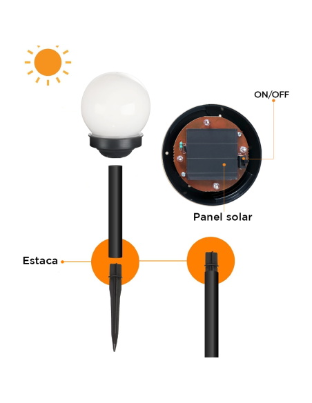 Pack de 8 lámparas solares esféricas recargables de 15 cm estaca para jardín