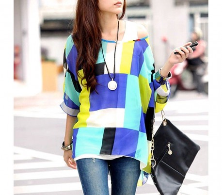 Blusa de talle ancho hecho de gasa y con estampado de geométrico rojo 003 - Moda femenina para la mujer