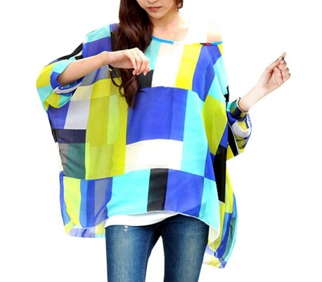 Blusa de talle ancho hecho de gasa y con estampado de geométrico rojo 003 - Moda femenina para la mujer