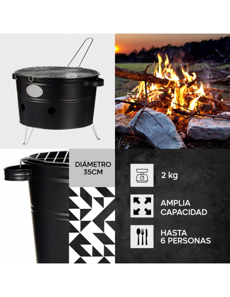 Barbacoa de Carbón de Mesa Redonda de 35 cm con Parrilla Portátil para Camping