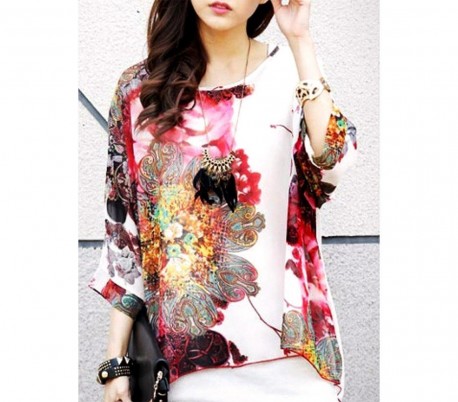 Blusa de talle ancho hecho de gasa y con estampado de geométrico azul 004 - Moda femenina para la mujer