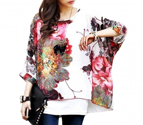 Blusa de talle ancho hecho de gasa y con estampado de geométrico azul 004 - Moda femenina para la mujer