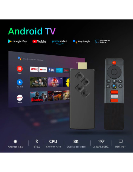 TV Box Stick Streaming 8K HD ANDROID Conexión Wi-Fi con control remoto por voz