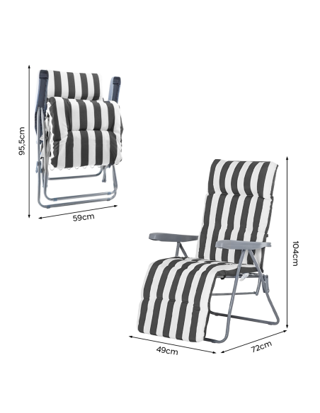 Silla reclinable de acero con cojín acolchado a rayas y respaldo ajustable