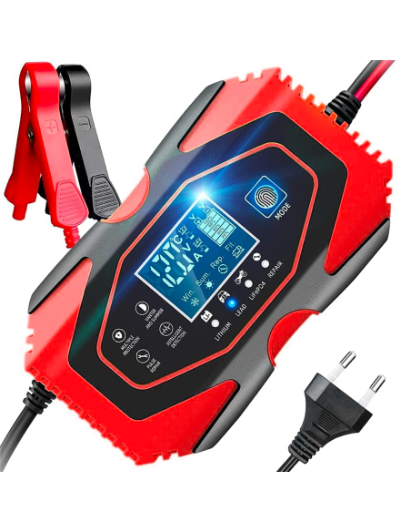 Cargador batería coche y moto baterías de litio y plomo 12-24V cables y pantalla