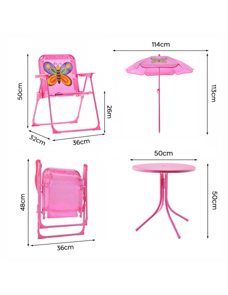 Set Jardín para Niñas 4 pz Mesa y Sillas con Sombrilla Rosa Ajustable 3-6 Años
