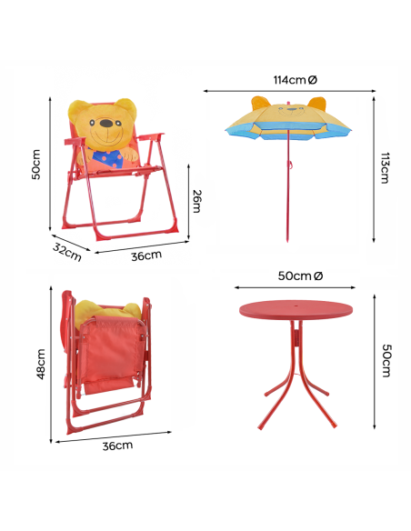 Set Jardín para Niños 4 Piezas Mesa Sillas y Sombrilla Ajustable Rojo 3-6 Años