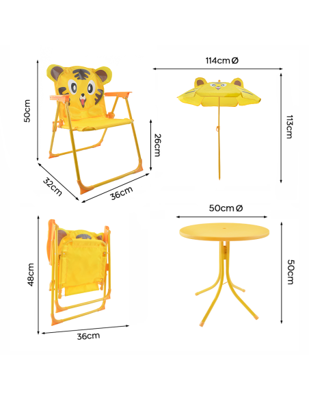 Set de Jardín para Niños 4pz Mesa Sillas y Sombrilla Amarilla Ajustable 3-6 Años