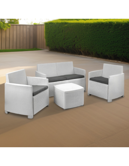 Set jardín Salón COMO Sofá Sillones Mesa Polipropileno imitación Ratán 4 plazas