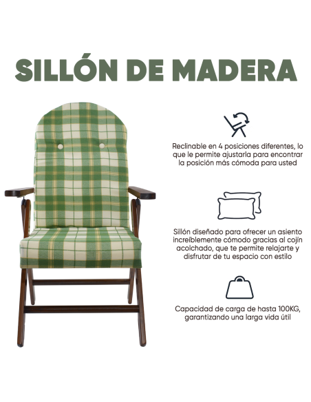 Sillón de Madera MASLEGNO AMALFI Sillón Reclinable Cojín Acolchado 108x65x60