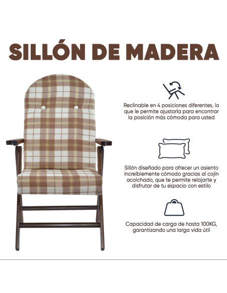 Sillón de Madera MASLEGNO AMALFI Sillón Reclinable Cojín Acolchado 108x65x60