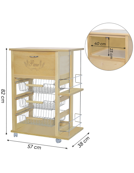 Carrito Panero 3 Cajones Portabotellas con Ruedas MAS033 Natural 57x38x82