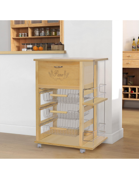 Carrito Panero 3 Cajones Portabotellas con Ruedas MAS033 Natural 57x38x82