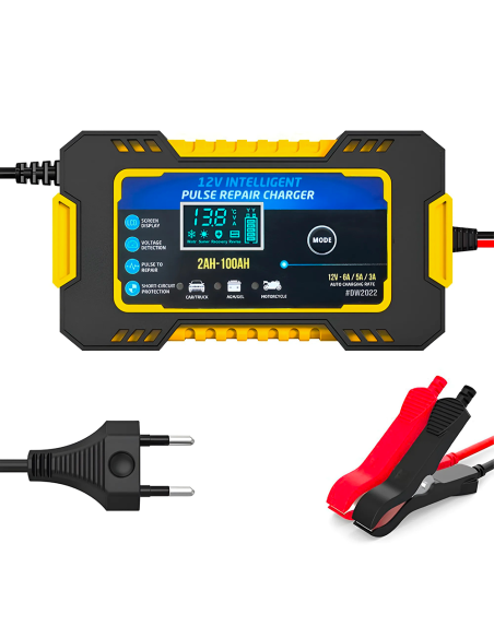 Cargador Batería para Coche y Moto Carga Inteligente 12V 6A Cables Pantalla LCD
