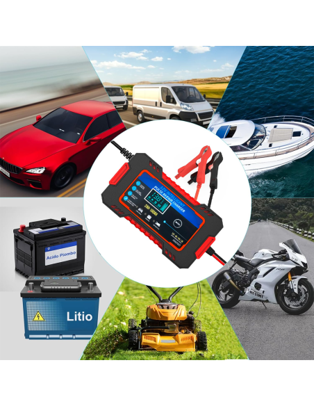 Cargador Batería para Coche y Moto Carga Inteligente 12V 6A Cables Pantalla LCD