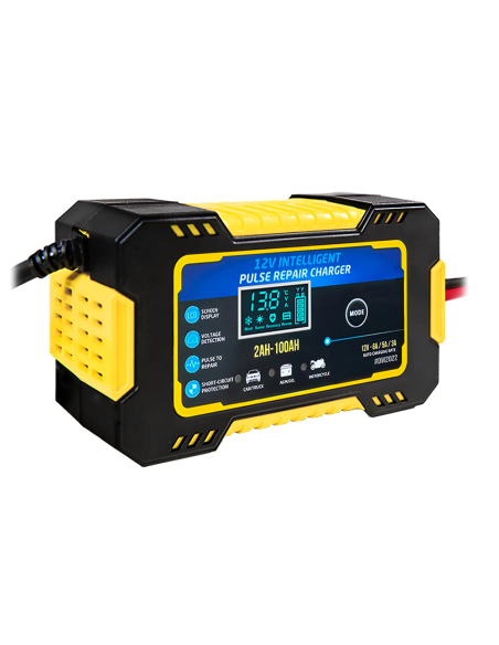 Cargador Batería para Coche y Moto Carga Inteligente 12V 6A Cables Pantalla LCD