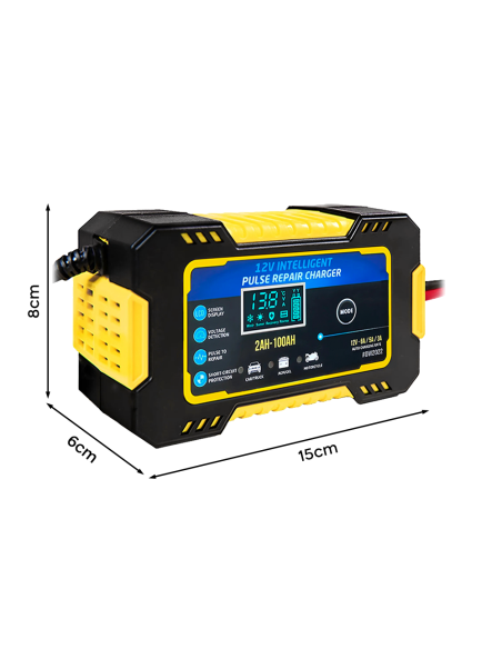 Cargador Batería para Coche y Moto Carga Inteligente 12V 6A Cables Pantalla LCD