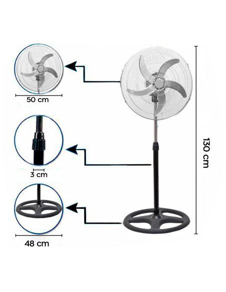 Ventilador 3 en 1 de Pie Mesa y Pared 50W con 5 Aspas de Metal Oscilantes
