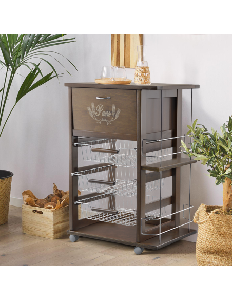 Carrito Panero 3 Cajones Portabotellas con Ruedas MAS018 Nogal 57x38x82