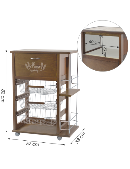 Carrito Panero 3 Cajones Portabotellas con Ruedas MAS018 Nogal 57x38x82