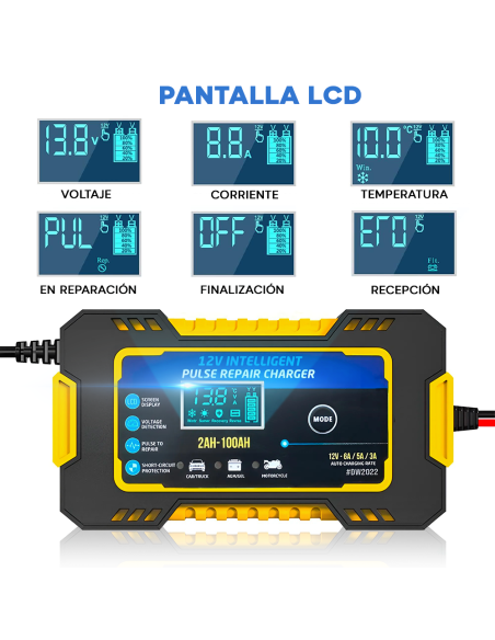 Cargador Batería para Coche y Moto Carga Inteligente 12V 6A Cables Pantalla LCD